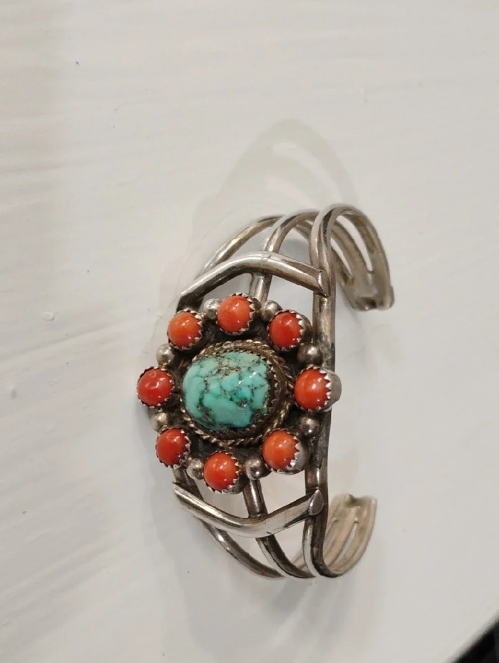 Sterling Silver Turquoise and Coral Cluster Cuff Bracelet